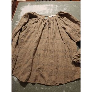 Johnny Was green plaid tie neck cotton blouse sz Small